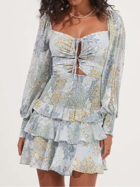 ASTR Marietta Smocked Tiered Mini Dress in Blue Floral Multi Size S